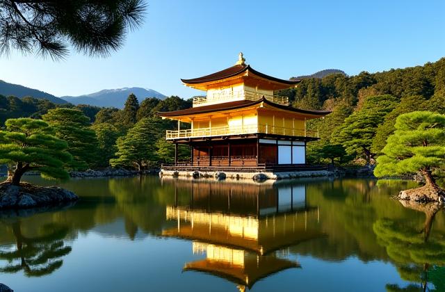 金閣寺 - 日本の古都京都に建つ美しい金箔の寺院。日本の伝統と歴史を感じさせる風景。