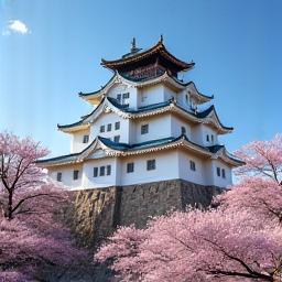 日本の歴史的な城、桜を背景に